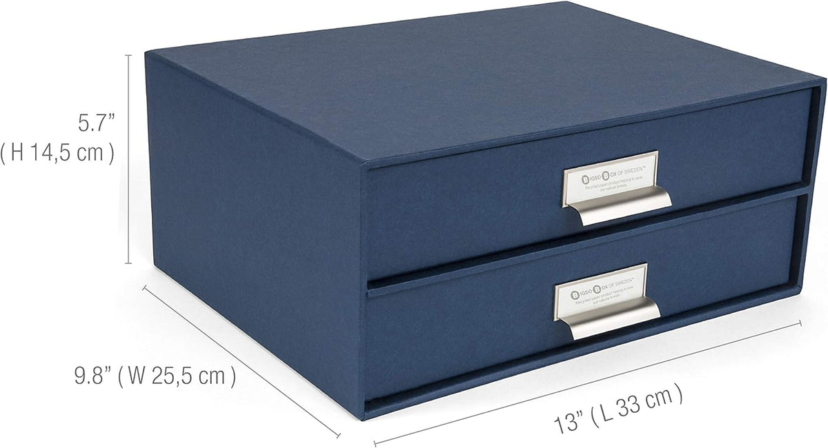 Box of Sweden Birger 2-Drawer Fiberboard Label Frame Document Letter Box | Desktop Drawers for Loose Papers, Documents & More with Metal Label Holder | 13.1" x 10" x 5.7" | White