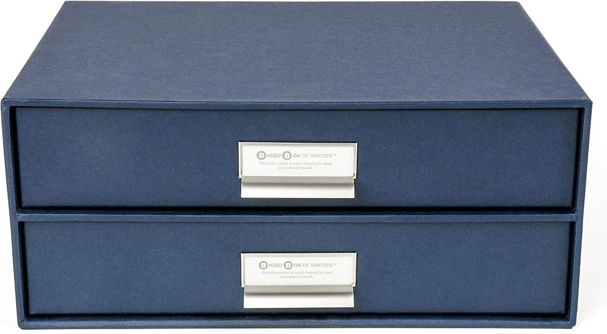 Box of Sweden Birger 2-Drawer Fiberboard Label Frame Document Letter Box | Desktop Drawers for Loose Papers, Documents & More with Metal Label Holder | 13.1" x 10" x 5.7" | White