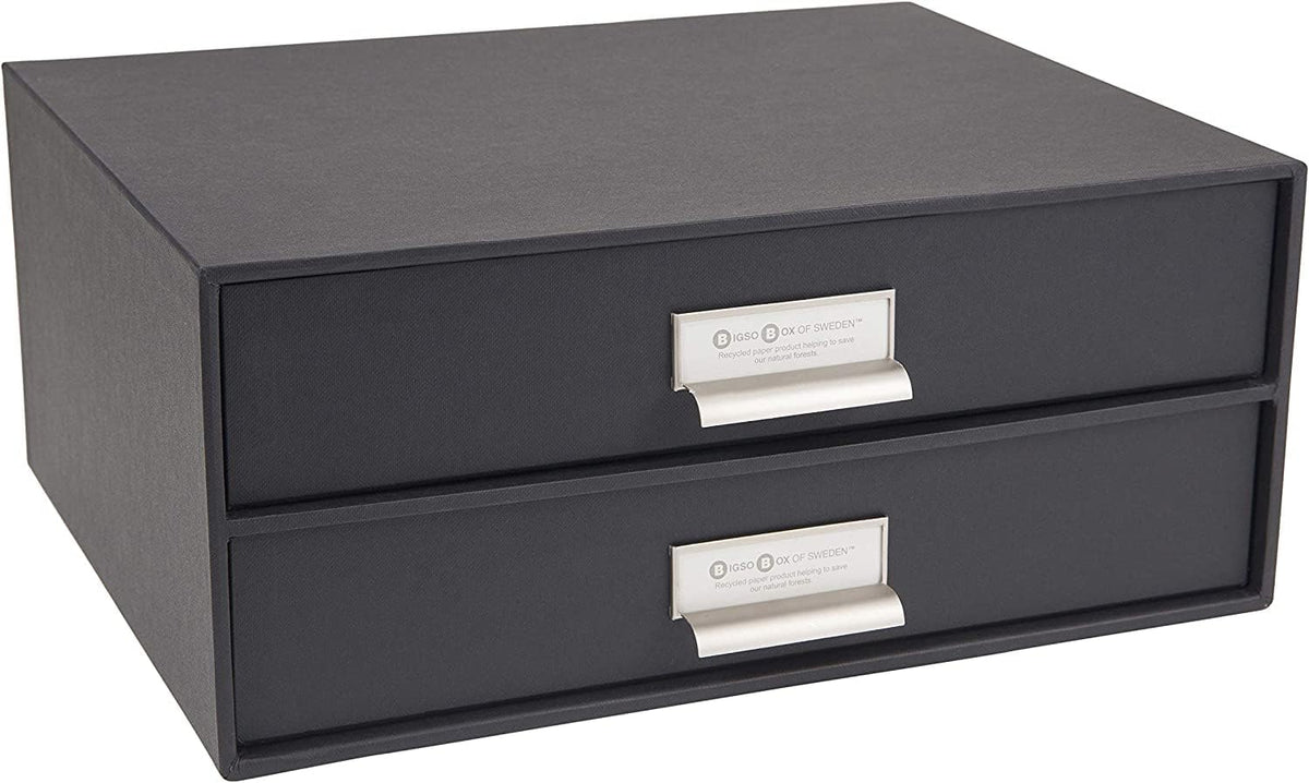 Box of Sweden Birger 2-Drawer Fiberboard Label Frame Document Letter Box | Desktop Drawers for Loose Papers, Documents & More with Metal Label Holder | 13.1" x 10" x 5.7" | White