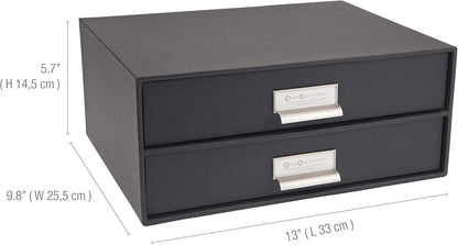 Box of Sweden Birger 2-Drawer Fiberboard Label Frame Document Letter Box | Desktop Drawers for Loose Papers, Documents & More with Metal Label Holder | 13.1" x 10" x 5.7" | White