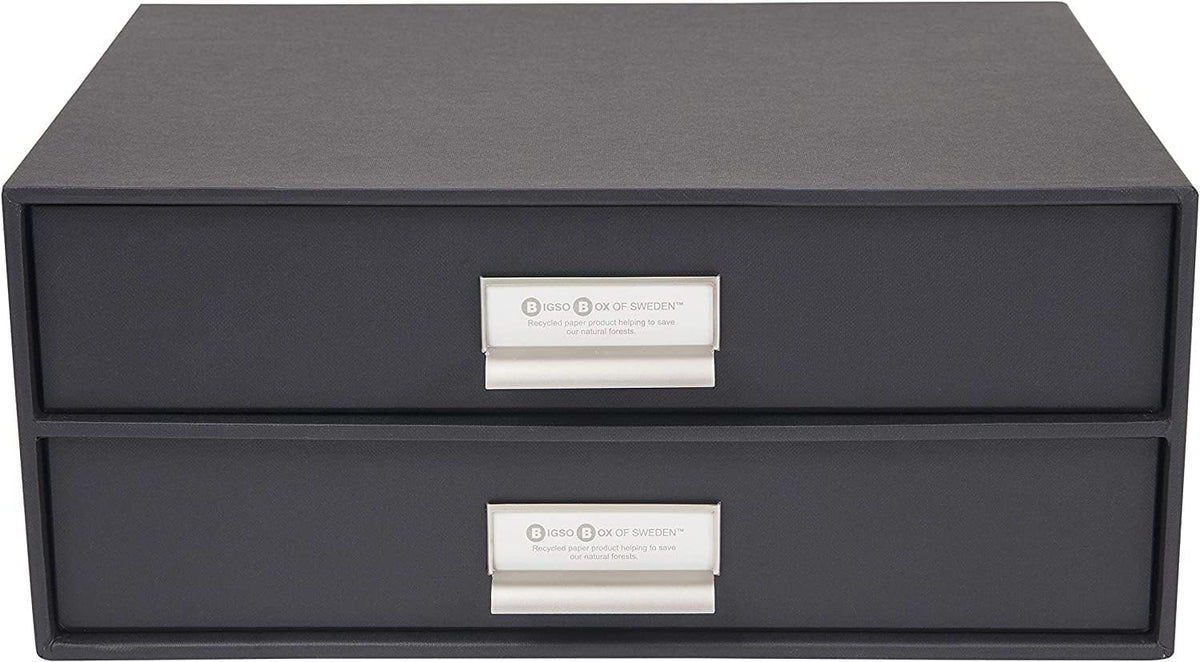 Box of Sweden Birger 2-Drawer Fiberboard Label Frame Document Letter Box | Desktop Drawers for Loose Papers, Documents & More with Metal Label Holder | 13.1" x 10" x 5.7" | White