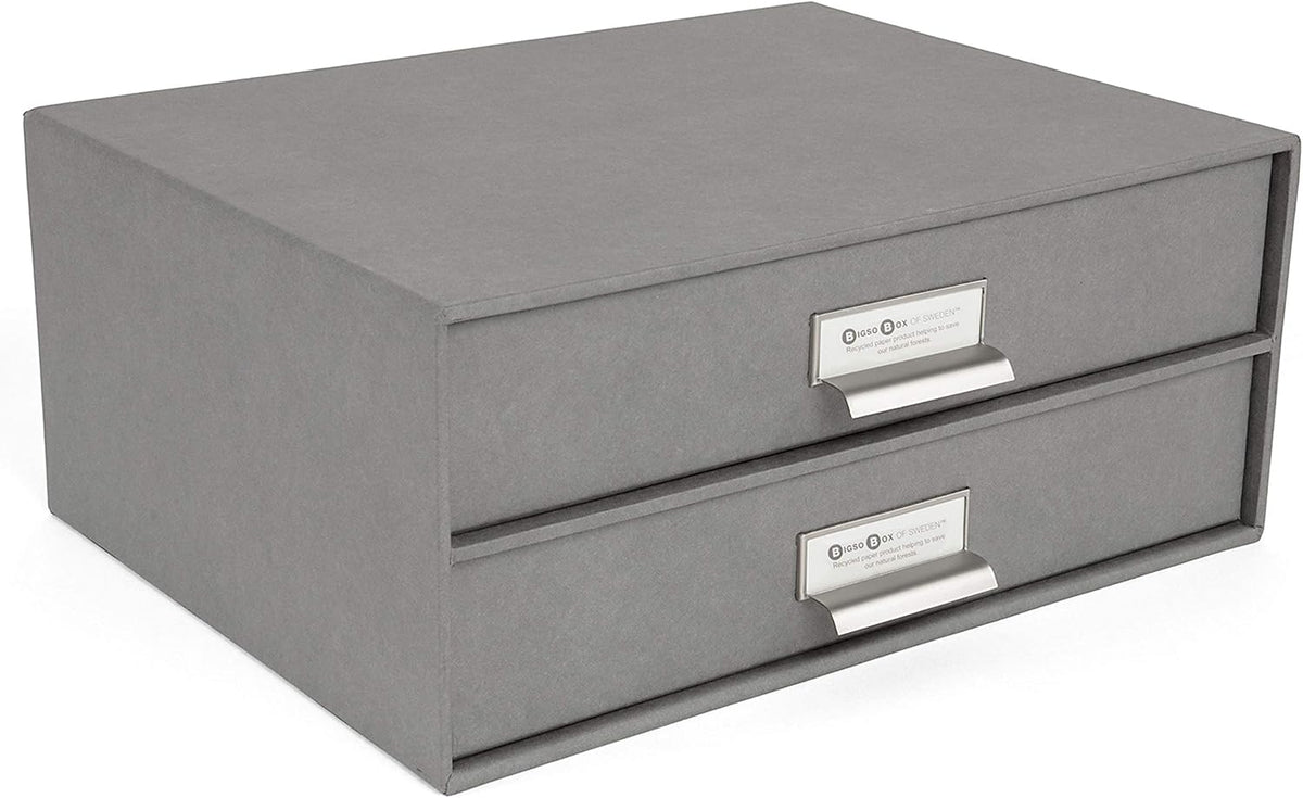 Box of Sweden Birger 2-Drawer Fiberboard Label Frame Document Letter Box | Desktop Drawers for Loose Papers, Documents & More with Metal Label Holder | 13.1" x 10" x 5.7" | White