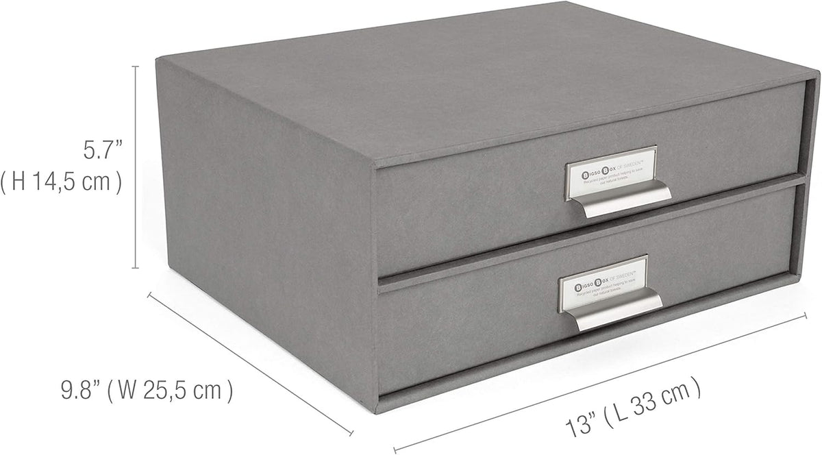 Box of Sweden Birger 2-Drawer Fiberboard Label Frame Document Letter Box | Desktop Drawers for Loose Papers, Documents & More with Metal Label Holder | 13.1" x 10" x 5.7" | White