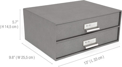 Box of Sweden Birger 2-Drawer Fiberboard Label Frame Document Letter Box | Desktop Drawers for Loose Papers, Documents & More with Metal Label Holder | 13.1" x 10" x 5.7" | White