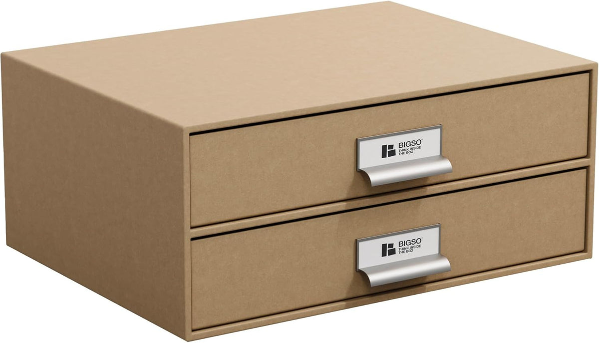 Box of Sweden Birger 2-Drawer Fiberboard Label Frame Document Letter Box | Desktop Drawers for Loose Papers, Documents & More with Metal Label Holder | 13.1" x 10" x 5.7" | White