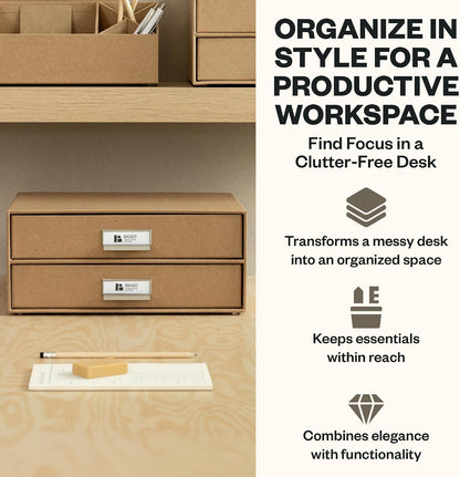 Box of Sweden Birger 2-Drawer Fiberboard Label Frame Document Letter Box | Desktop Drawers for Loose Papers, Documents & More with Metal Label Holder | 13.1" x 10" x 5.7" | White