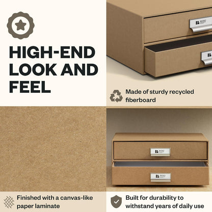 Box of Sweden Birger 2-Drawer Fiberboard Label Frame Document Letter Box | Desktop Drawers for Loose Papers, Documents & More with Metal Label Holder | 13.1" x 10" x 5.7" | White