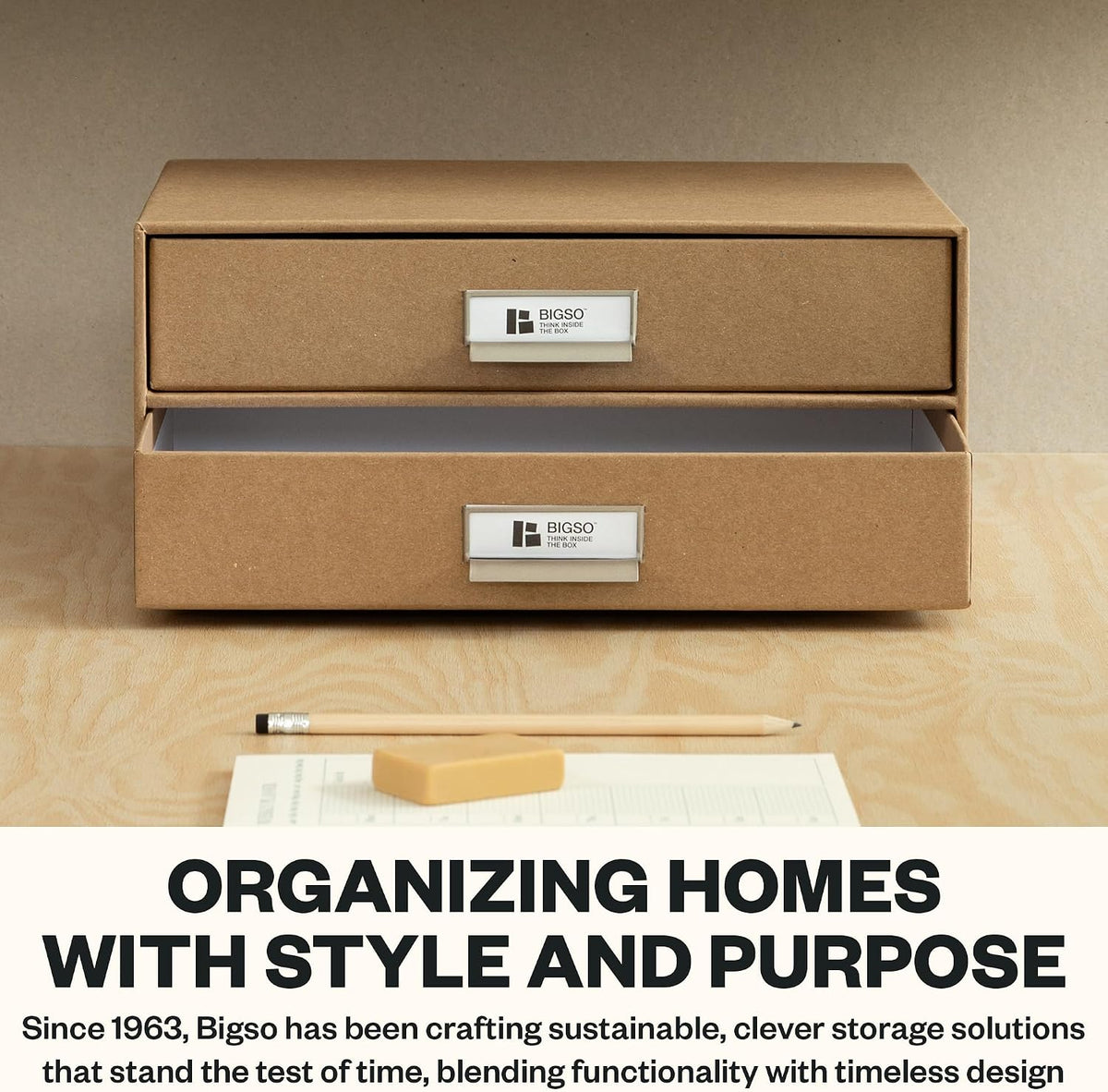 Box of Sweden Birger 2-Drawer Fiberboard Label Frame Document Letter Box | Desktop Drawers for Loose Papers, Documents & More with Metal Label Holder | 13.1" x 10" x 5.7" | White