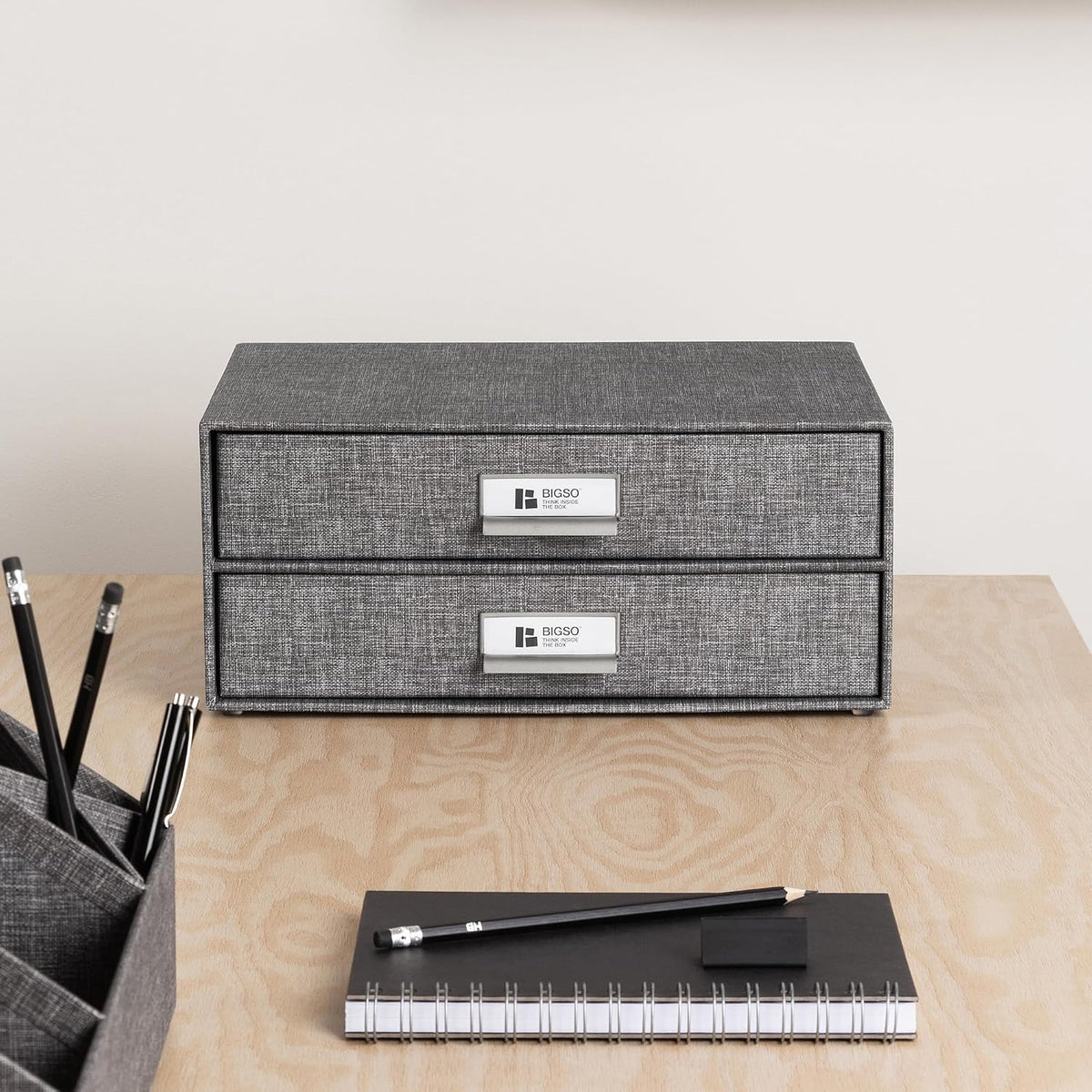 Box of Sweden Birger 2-Drawer Fiberboard Label Frame Document Letter Box | Desktop Drawers for Loose Papers, Documents & More with Metal Label Holder | 13.1" x 10" x 5.7" | White