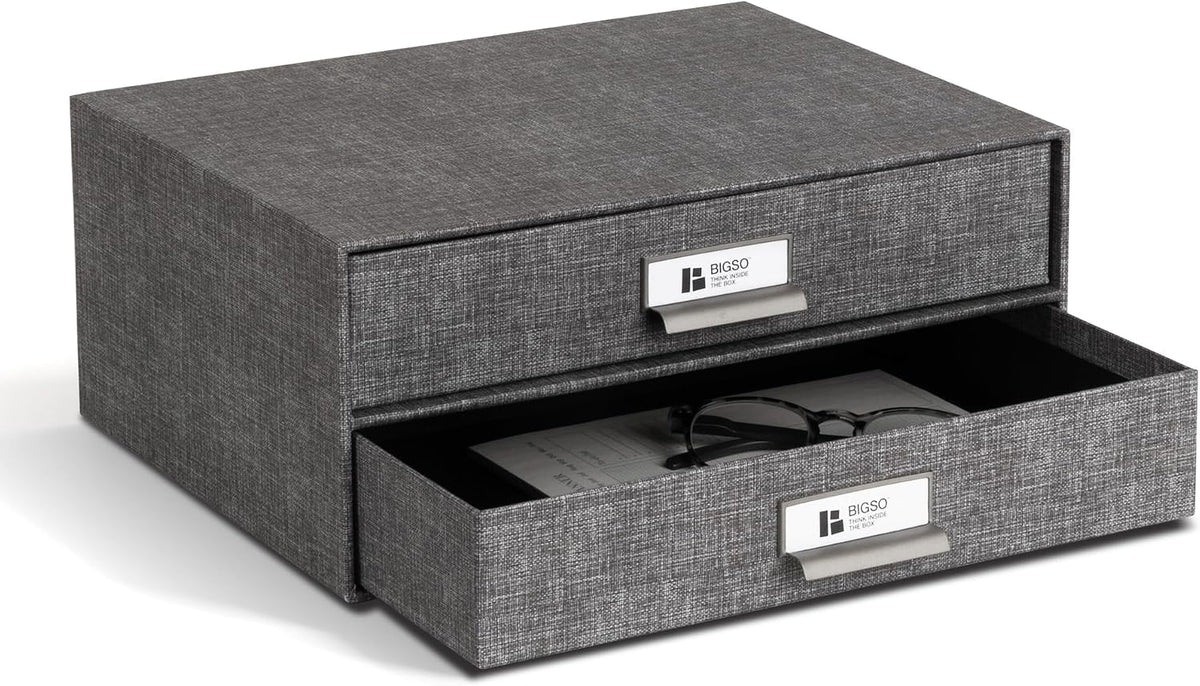 Box of Sweden Birger 2-Drawer Fiberboard Label Frame Document Letter Box | Desktop Drawers for Loose Papers, Documents & More with Metal Label Holder | 13.1" x 10" x 5.7" | White