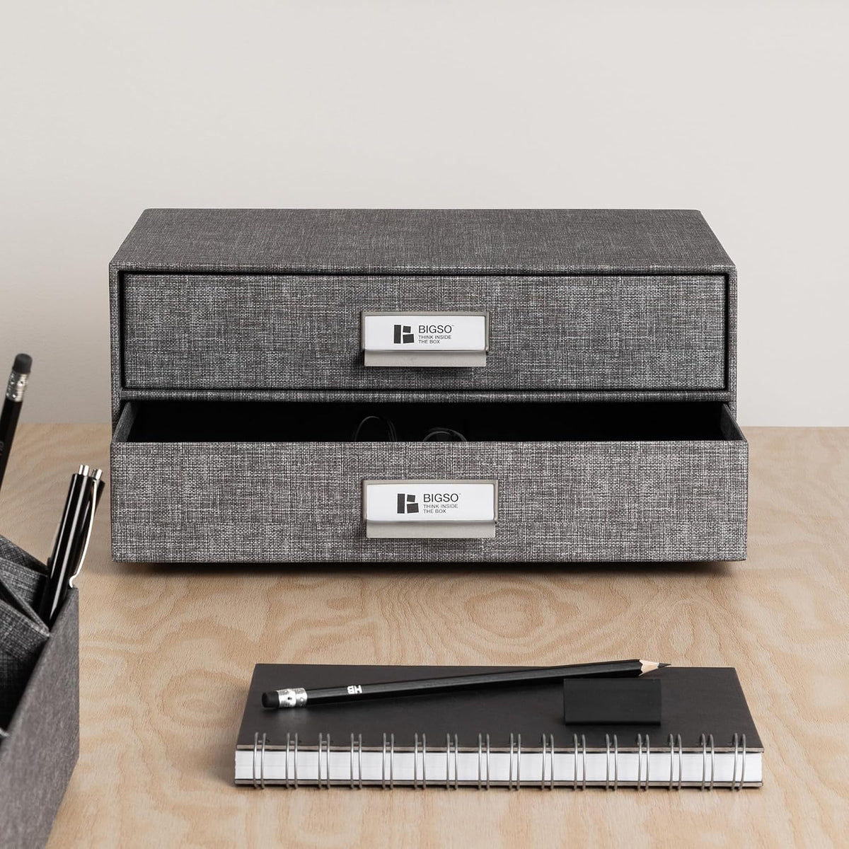 Box of Sweden Birger 2-Drawer Fiberboard Label Frame Document Letter Box | Desktop Drawers for Loose Papers, Documents & More with Metal Label Holder | 13.1" x 10" x 5.7" | White