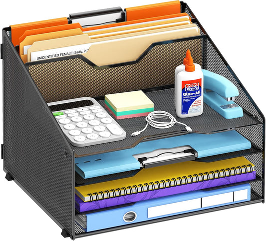 Desk File Organizer, 4 Letter Trays and 2 Upright Sections, Black