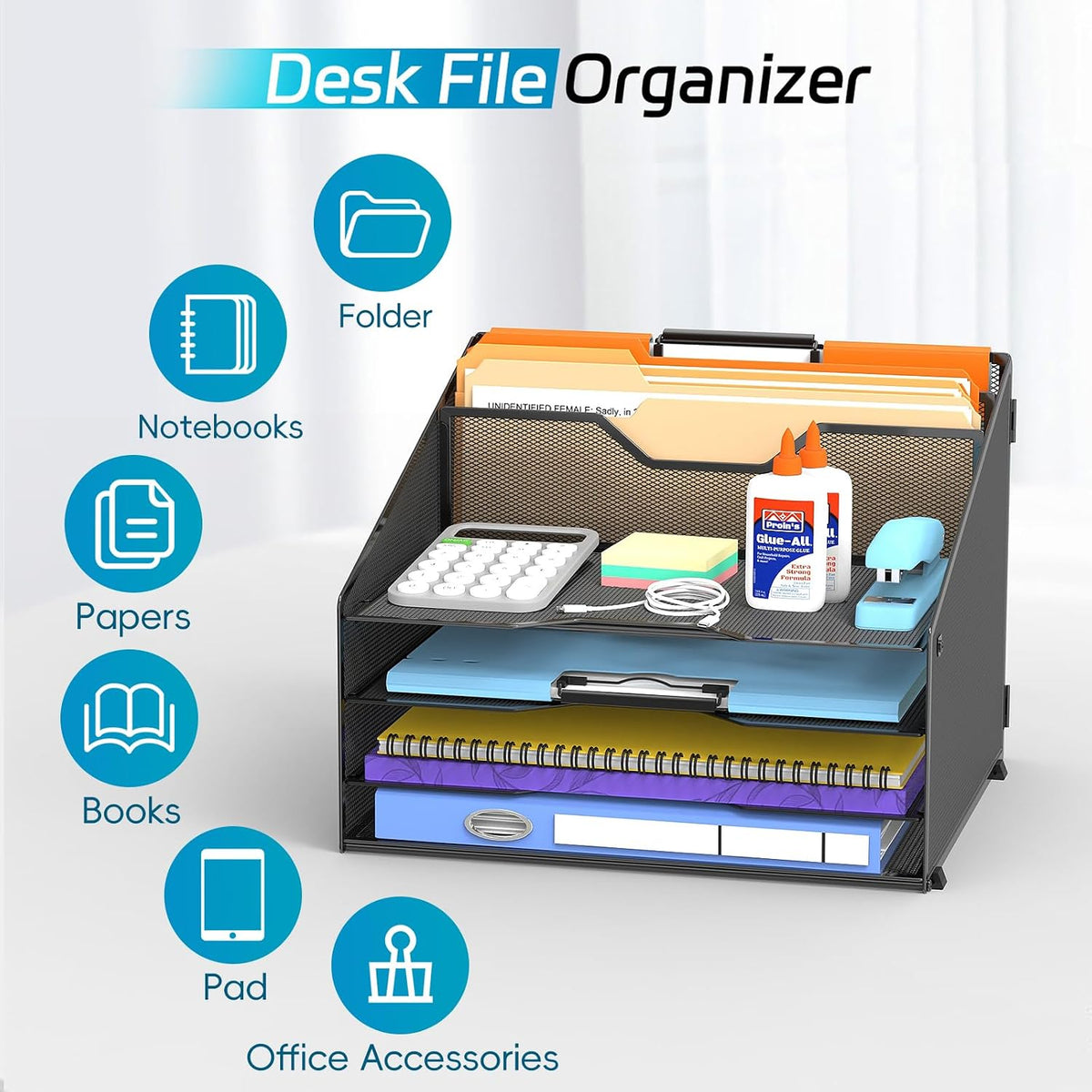Desk File Organizer, 4 Letter Trays and 2 Upright Sections, Black