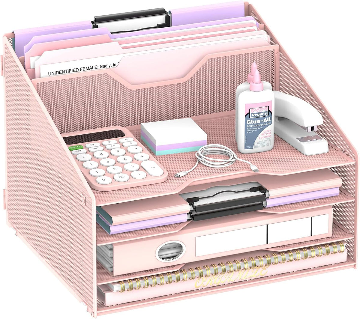 Desk File Organizer, 4 Letter Trays and 2 Upright Sections, Black
