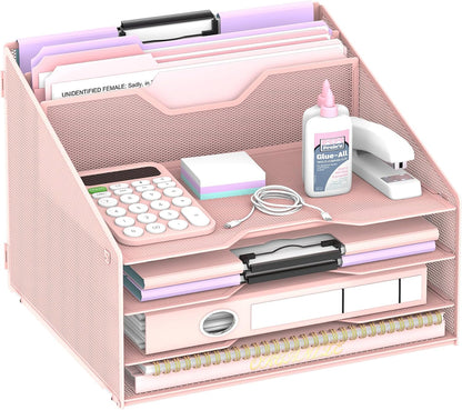 Desk File Organizer, 4 Letter Trays and 2 Upright Sections, Black