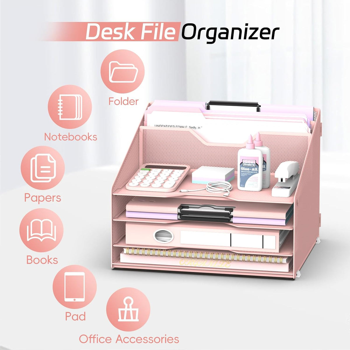 Desk File Organizer, 4 Letter Trays and 2 Upright Sections, Black