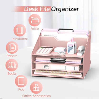 Desk File Organizer, 4 Letter Trays and 2 Upright Sections, Black