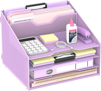 Desk File Organizer, 4 Letter Trays and 2 Upright Sections, Black