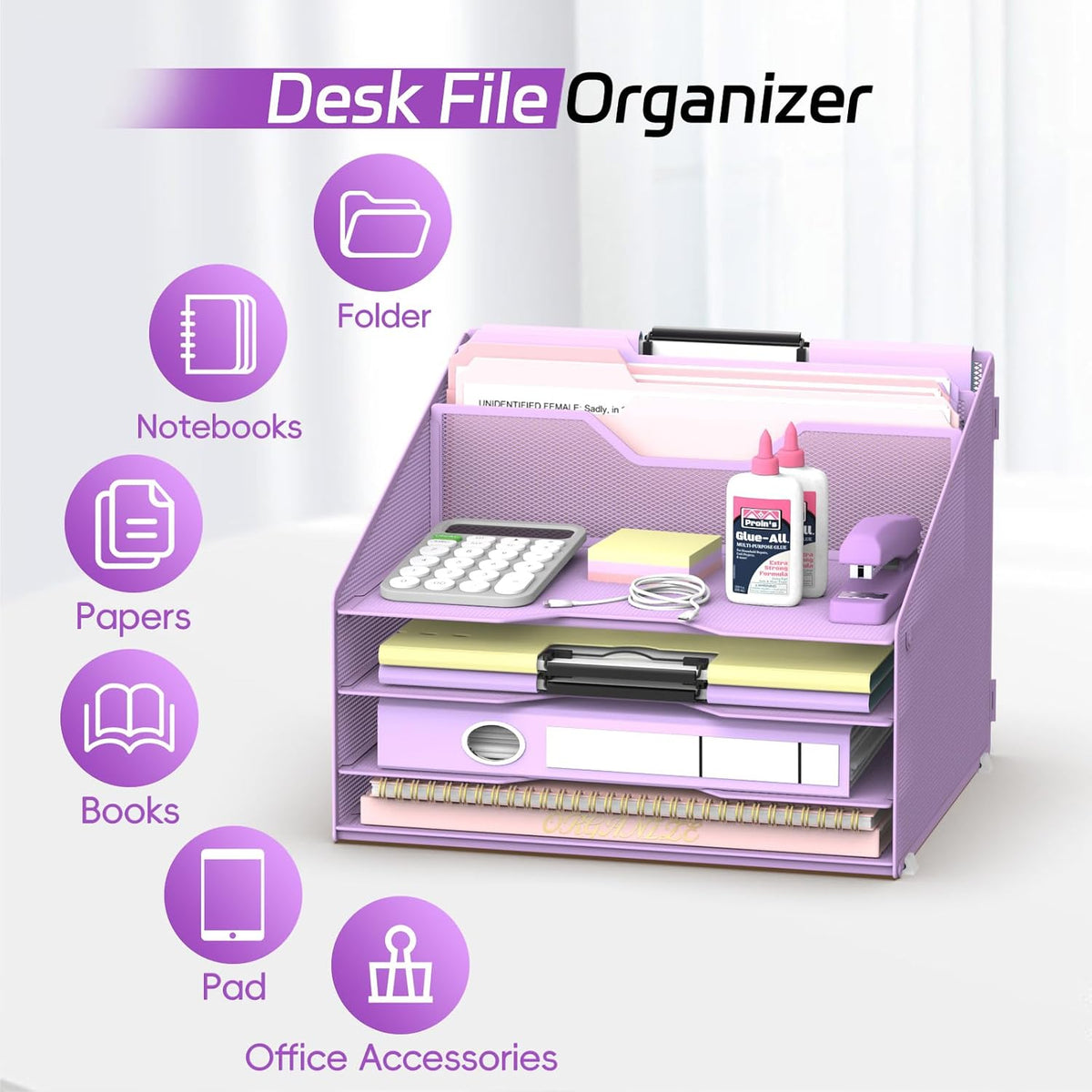 Desk File Organizer, 4 Letter Trays and 2 Upright Sections, Black