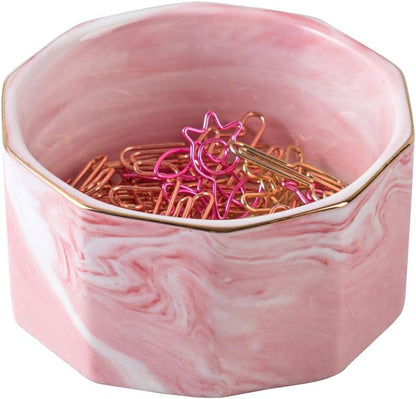 Paper Clip Holder Ceramic Marbling Paper Clip Dispenser for Desk Paper Clip Organizer Office Binder Clip Holder (Pink)