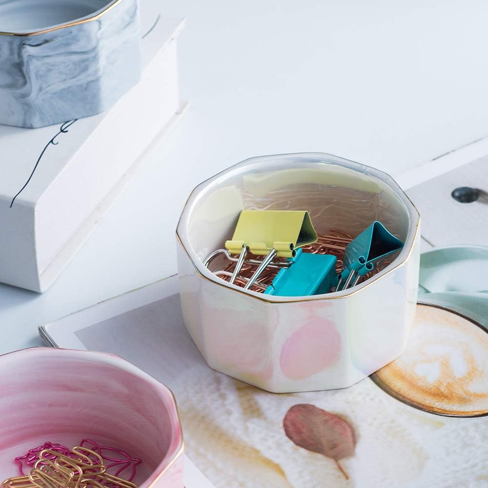 Paper Clip Holder Ceramic Marbling Paper Clip Dispenser for Desk Paper Clip Organizer Office Binder Clip Holder (Pink)