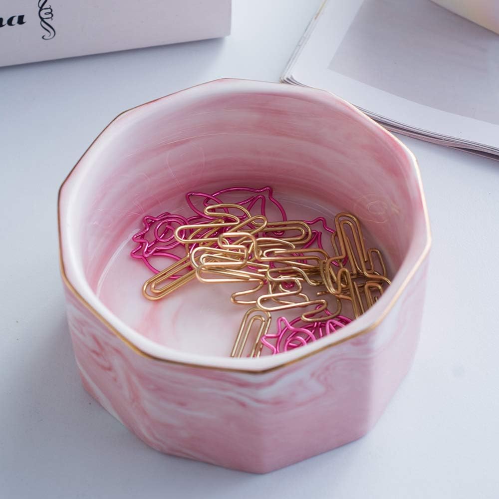 Paper Clip Holder Ceramic Marbling Paper Clip Dispenser for Desk Paper Clip Organizer Office Binder Clip Holder (Pink)