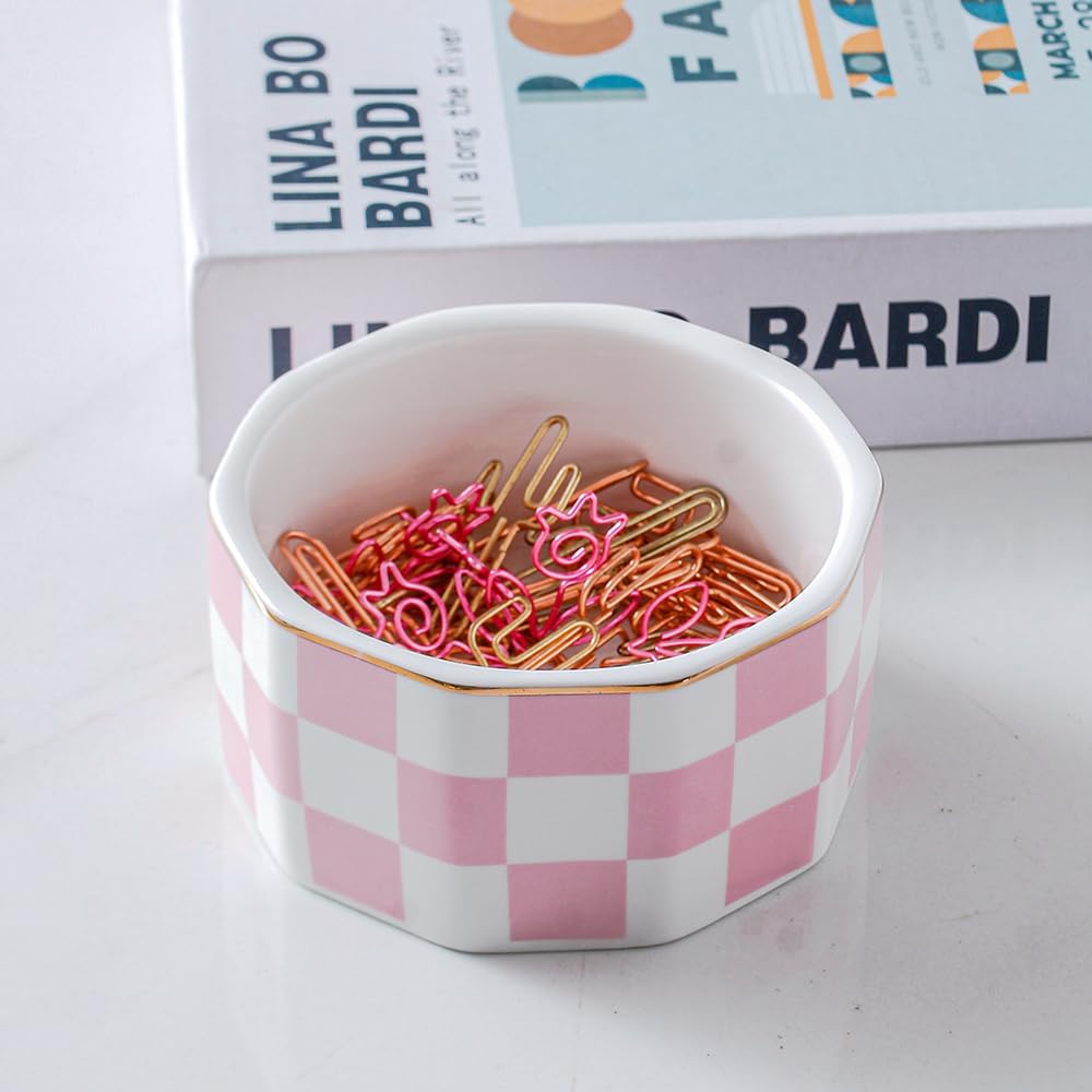 Paper Clip Holder Ceramic Marbling Paper Clip Dispenser for Desk Paper Clip Organizer Office Binder Clip Holder (Pink)