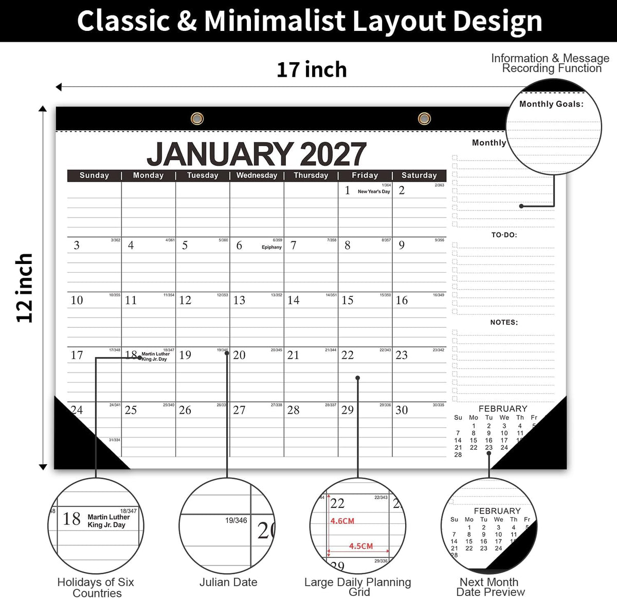 Desk Calendar 2026-2027 - 19 Month Desk Top Calendar, 17x12''
