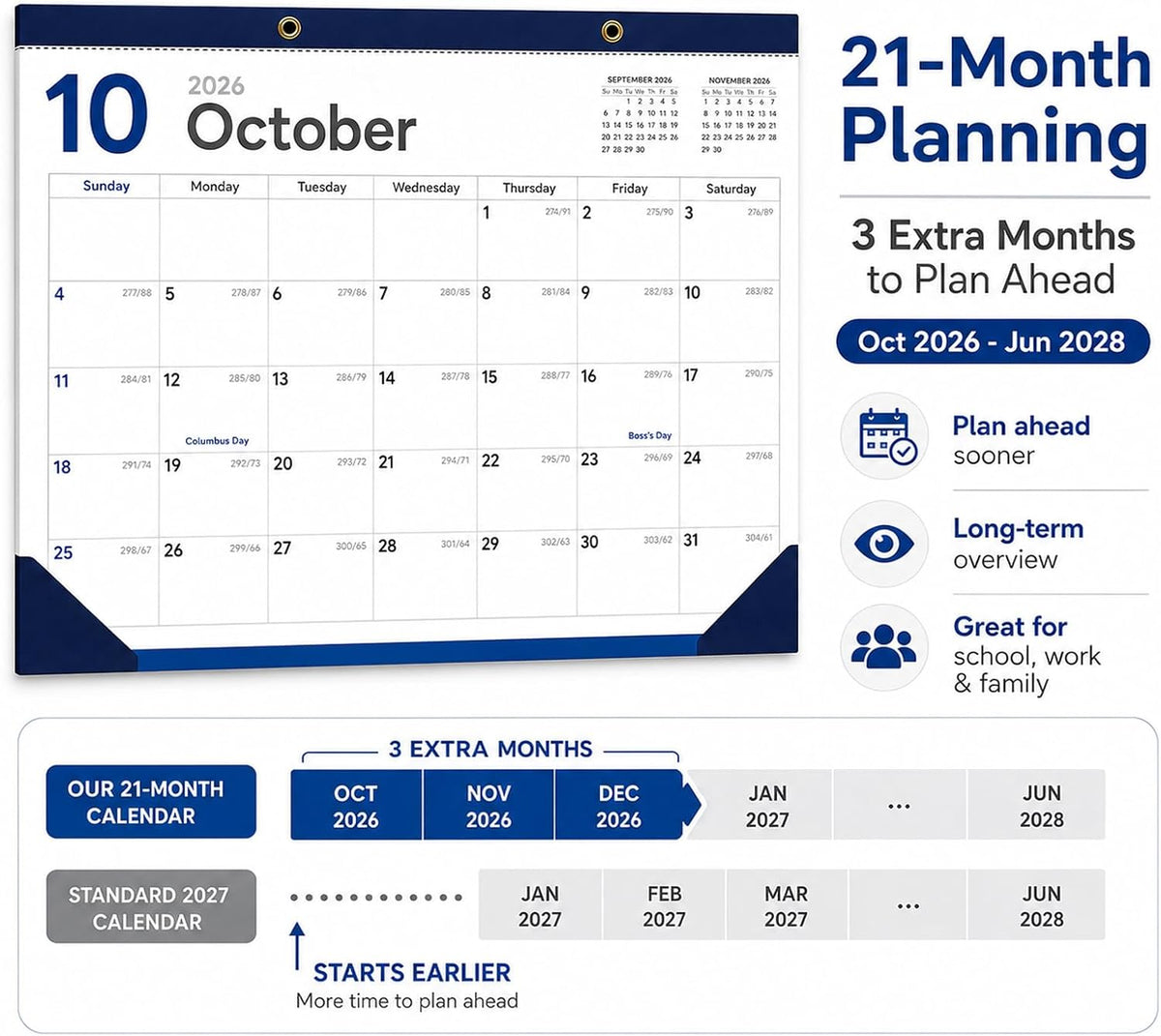 Desk Calendar 2026-2027 - 19 Month Desk Top Calendar, 17x12''