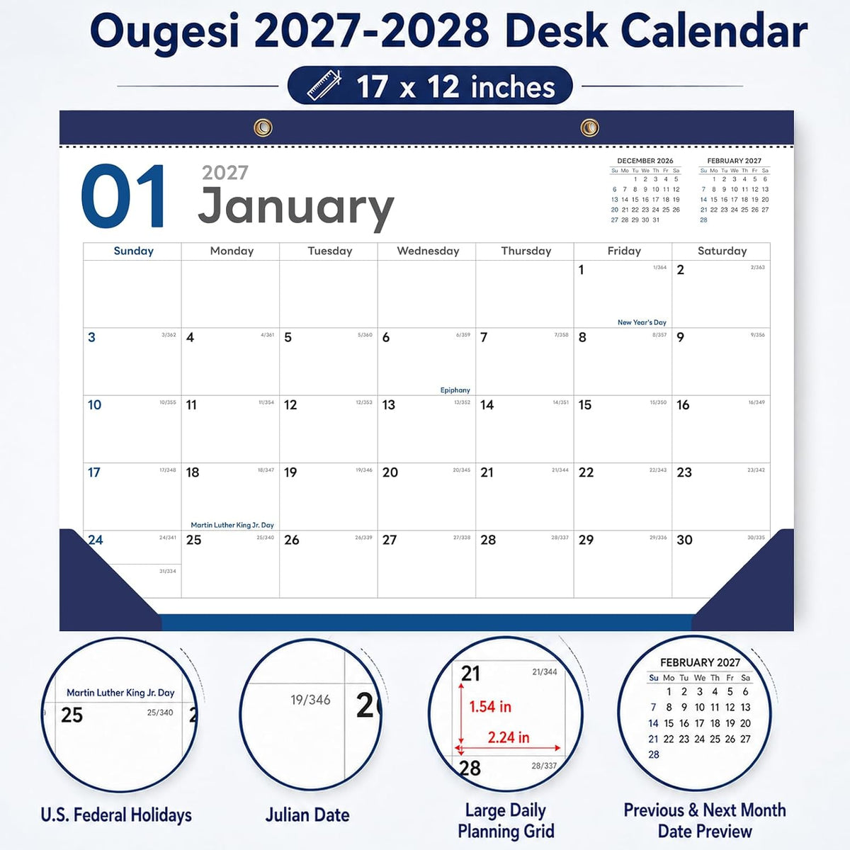 Desk Calendar 2026-2027 - 19 Month Desk Top Calendar, 17x12''