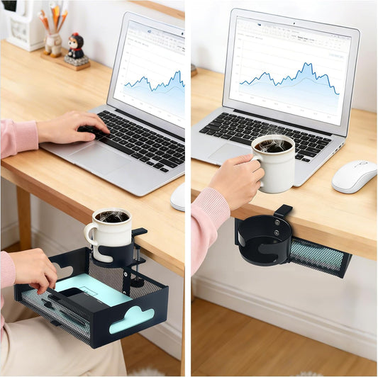 Under Desk Organizer 360° Swivel with Cup Holder,Holds Up to 7lbs