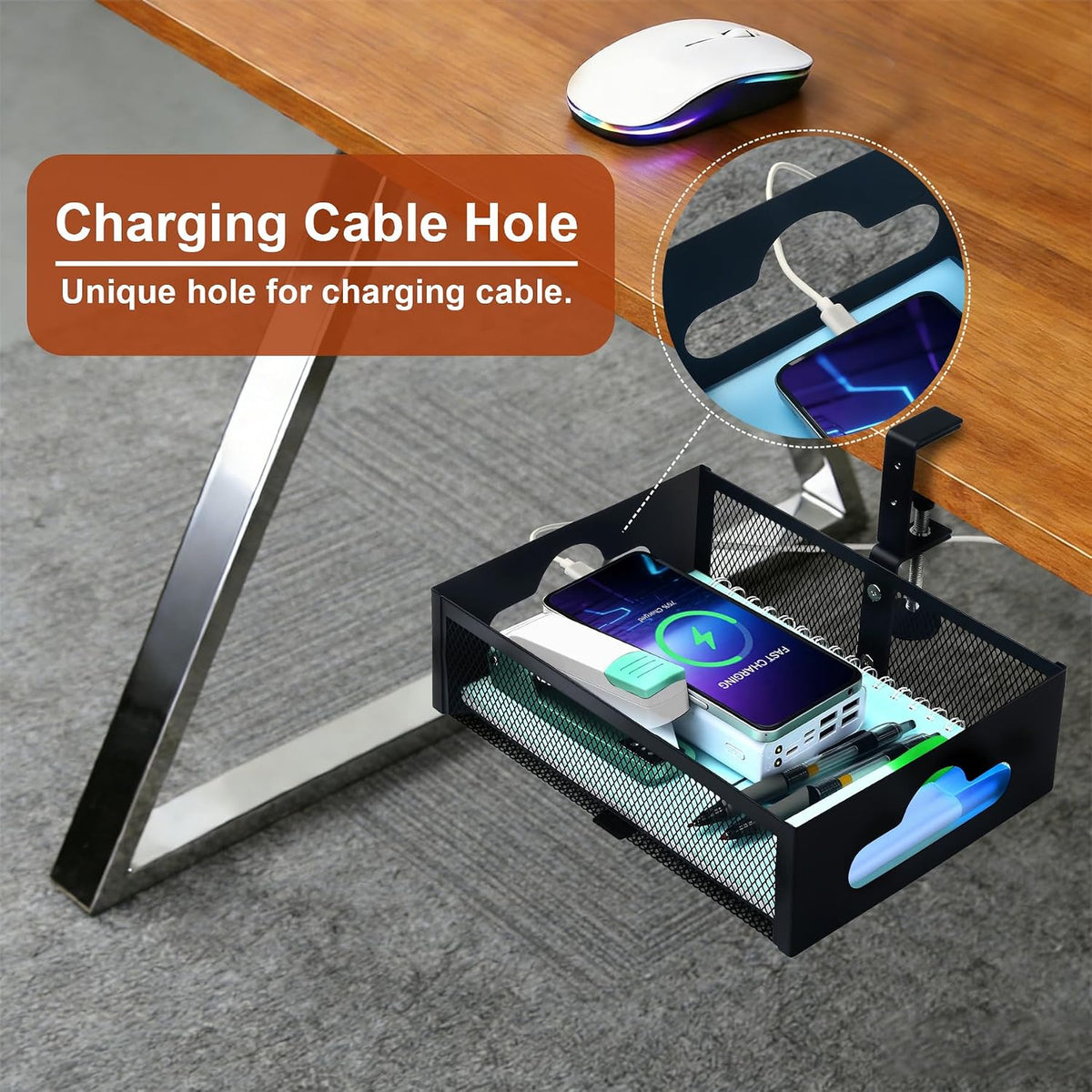 Under Desk Organizer 360° Swivel with Cup Holder,Holds Up to 7lbs