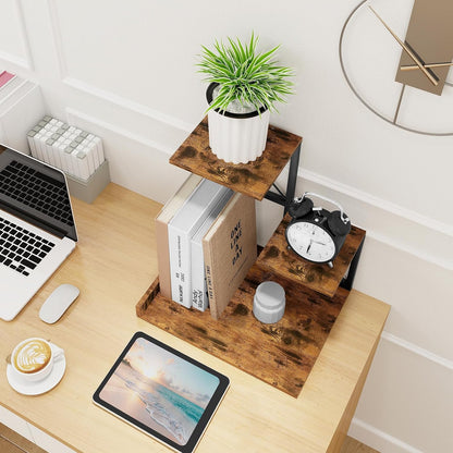Desk Shelf Organizer, Wood Desktop Organizer Small Bookshelf, 3 Tier Storage Shelf Riser Display Stand for Office Decor and Desk Accessories, Rustic Brown Black