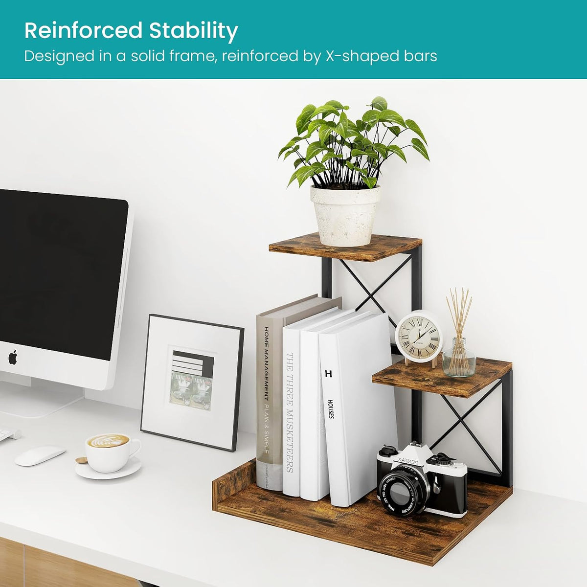 Desk Shelf Organizer, Wood Desktop Organizer Small Bookshelf, 3 Tier Storage Shelf Riser Display Stand for Office Decor and Desk Accessories, Rustic Brown Black