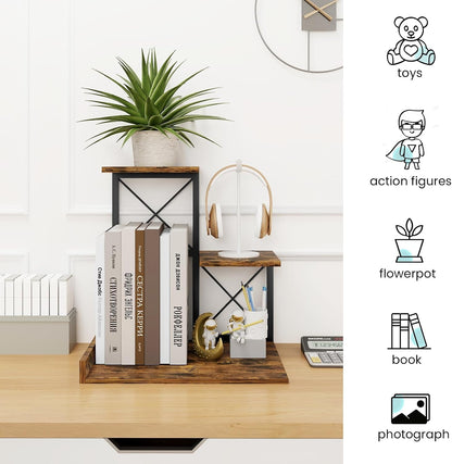 Desk Shelf Organizer, Wood Desktop Organizer Small Bookshelf, 3 Tier Storage Shelf Riser Display Stand for Office Decor and Desk Accessories, Rustic Brown Black