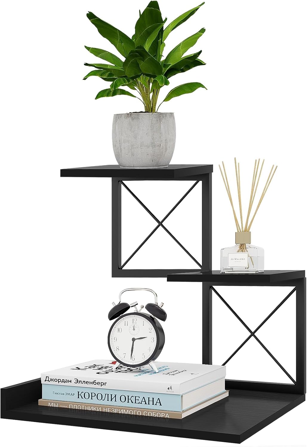 Desk Shelf Organizer, Wood Desktop Organizer Small Bookshelf, 3 Tier Storage Shelf Riser Display Stand for Office Decor and Desk Accessories, Rustic Brown Black