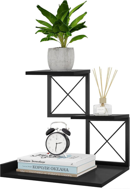 Desk Shelf Organizer, Wood Desktop Organizer Small Bookshelf, 3 Tier Storage Shelf Riser Display Stand for Office Decor and Desk Accessories, Rustic Brown Black