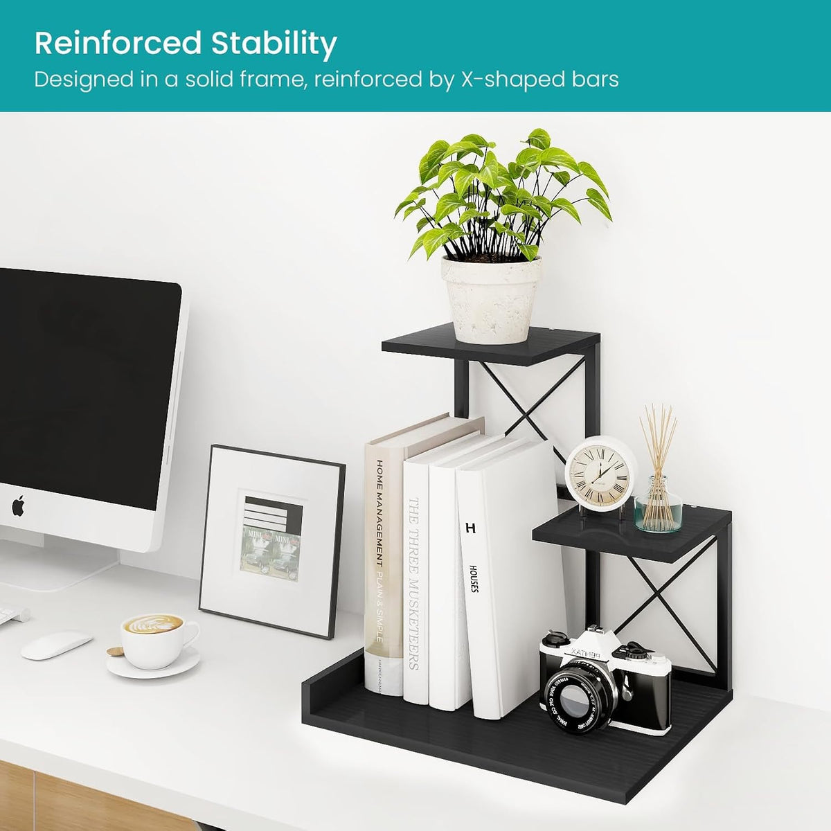 Desk Shelf Organizer, Wood Desktop Organizer Small Bookshelf, 3 Tier Storage Shelf Riser Display Stand for Office Decor and Desk Accessories, Rustic Brown Black
