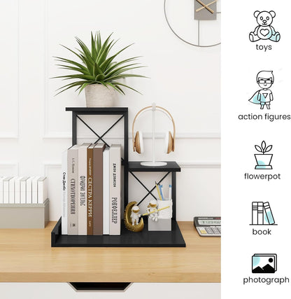 Desk Shelf Organizer, Wood Desktop Organizer Small Bookshelf, 3 Tier Storage Shelf Riser Display Stand for Office Decor and Desk Accessories, Rustic Brown Black