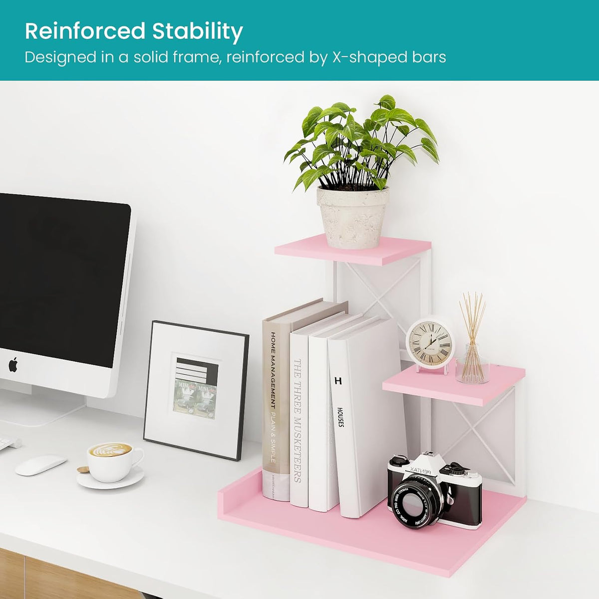 Desk Shelf Organizer, Wood Desktop Organizer Small Bookshelf, 3 Tier Storage Shelf Riser Display Stand for Office Decor and Desk Accessories, Rustic Brown Black