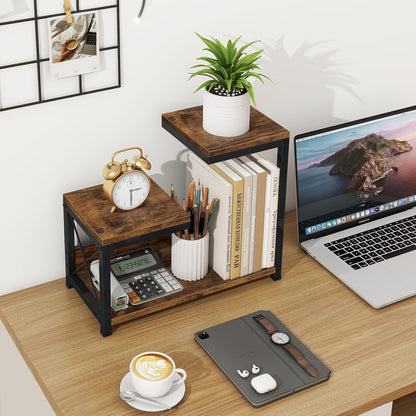 Desk Shelf Organizer, Wood Desktop Organizer Small Bookshelf, 3 Tier Storage Shelf Riser Display Stand for Office Decor and Desk Accessories, Rustic Brown Black
