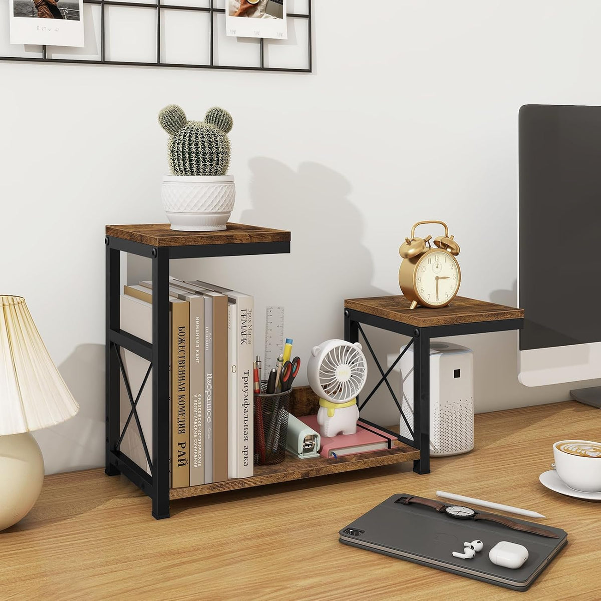 Desk Shelf Organizer, Wood Desktop Organizer Small Bookshelf, 3 Tier Storage Shelf Riser Display Stand for Office Decor and Desk Accessories, Rustic Brown Black
