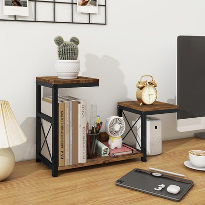 Desk Shelf Organizer, Wood Desktop Organizer Small Bookshelf, 3 Tier Storage Shelf Riser Display Stand for Office Decor and Desk Accessories, Rustic Brown Black