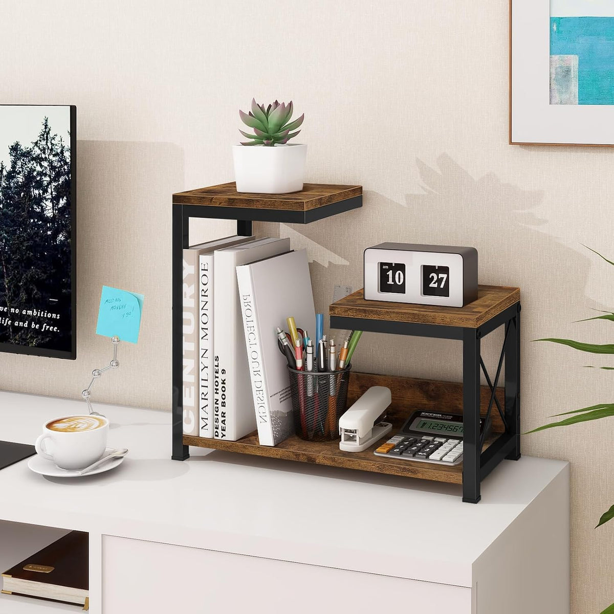 Desk Shelf Organizer, Wood Desktop Organizer Small Bookshelf, 3 Tier Storage Shelf Riser Display Stand for Office Decor and Desk Accessories, Rustic Brown Black