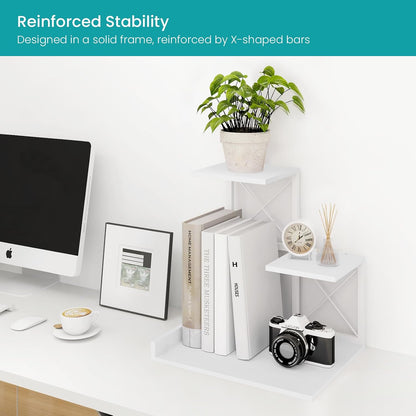 Desk Shelf Organizer, Wood Desktop Organizer Small Bookshelf, 3 Tier Storage Shelf Riser Display Stand for Office Decor and Desk Accessories, Rustic Brown Black