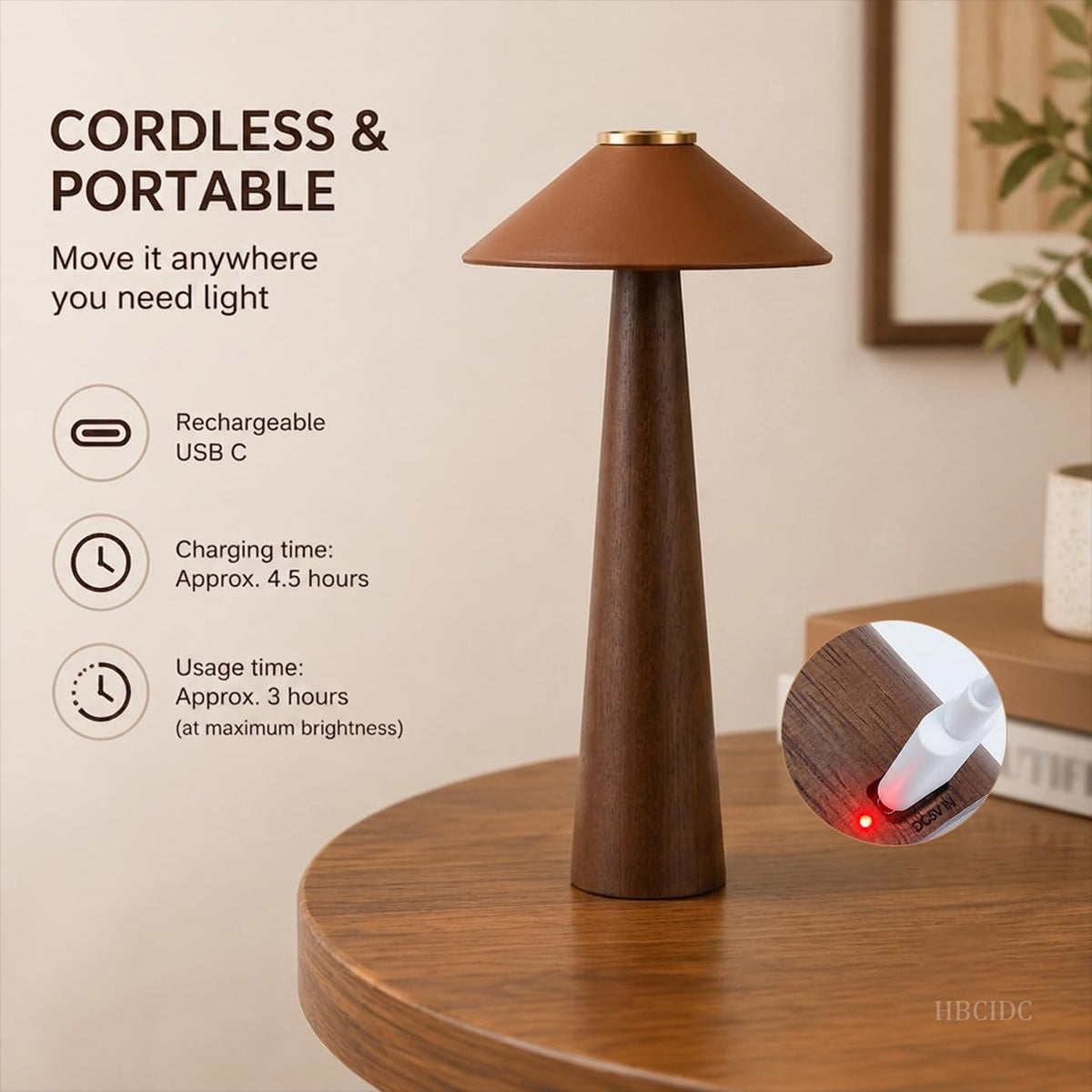 Wood Mushroom LED Desk Lamp - Home Art Decor (Walnut Wood)