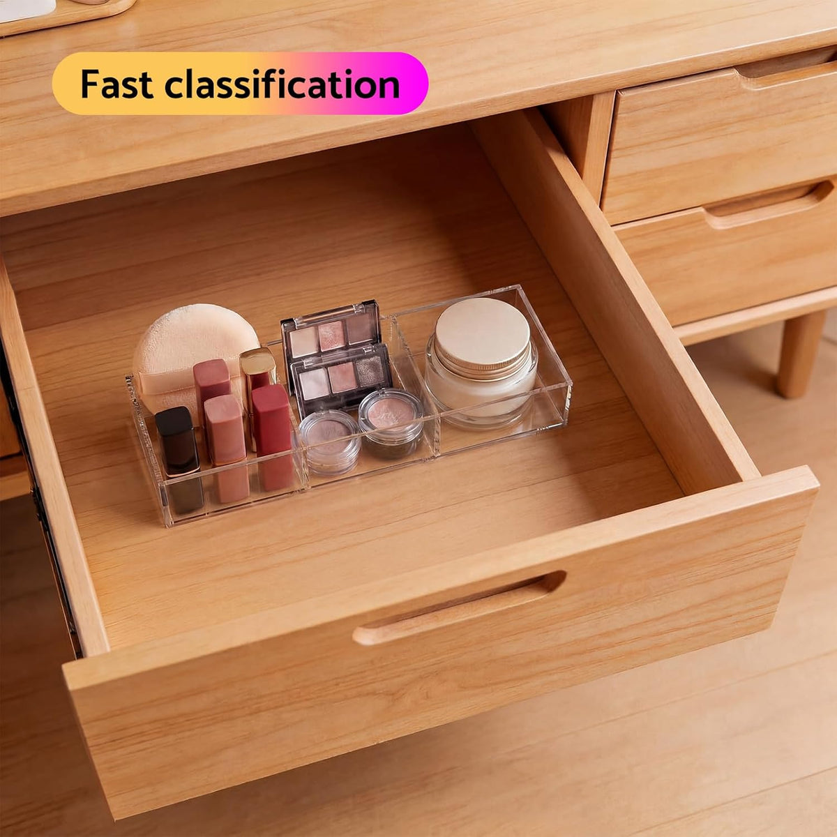 Acrylic Drawer Organizer, 6 Section Clear Makeup Tray Organizer for Drawer Office Bedroom(11.8x11.8 inch)