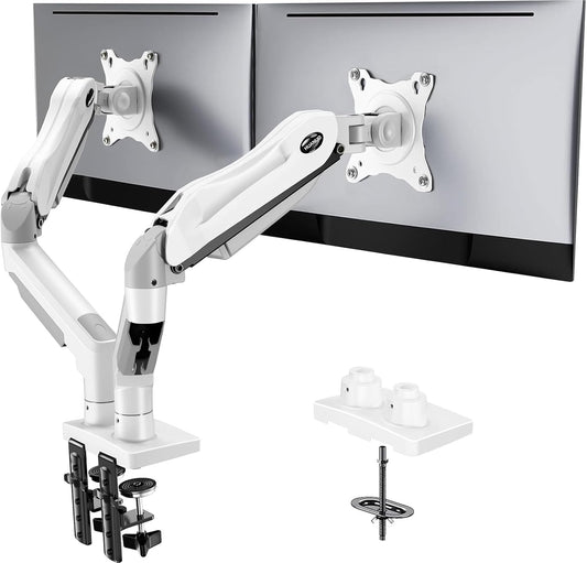 Dual Monitor Stand - Full Adjustable Monitor Desk Mount Swivel Vesa Bracket with C Clamp, Grommet Mounting Base for 13 to 32 Inch Computer Screens - Each Arm Holds 4.4 to 19.8lbs - White