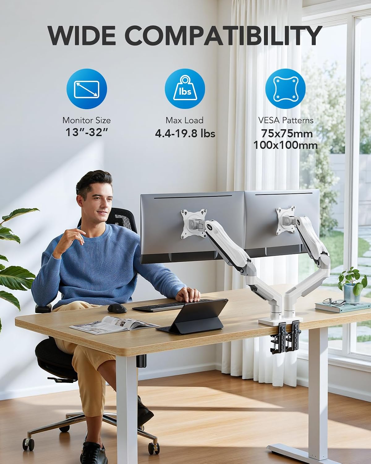 Dual Monitor Stand - Full Adjustable Monitor Desk Mount Swivel Vesa Bracket with C Clamp, Grommet Mounting Base for 13 to 32 Inch Computer Screens - Each Arm Holds 4.4 to 19.8lbs - White