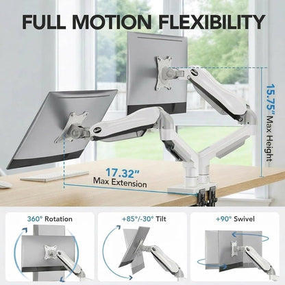 Dual Monitor Stand - Full Adjustable Monitor Desk Mount Swivel Vesa Bracket with C Clamp, Grommet Mounting Base for 13 to 32 Inch Computer Screens - Each Arm Holds 4.4 to 19.8lbs - White